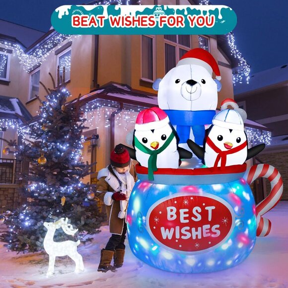 🆕6FT Christmas Inflatable Polar Bear Penguin Hot Cocoa Mug Outdoor Decoration - Picture 8 of 9